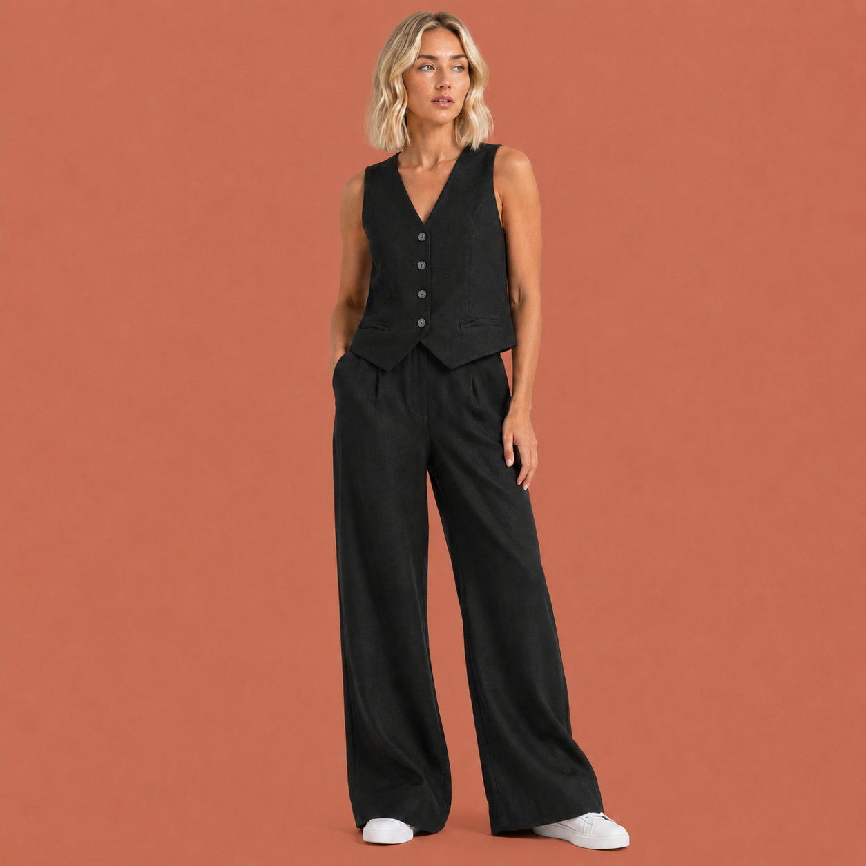 Dames set in zwart met minimalistisch design, zacht en comfortabel voor casual en stijlvolle outfits.