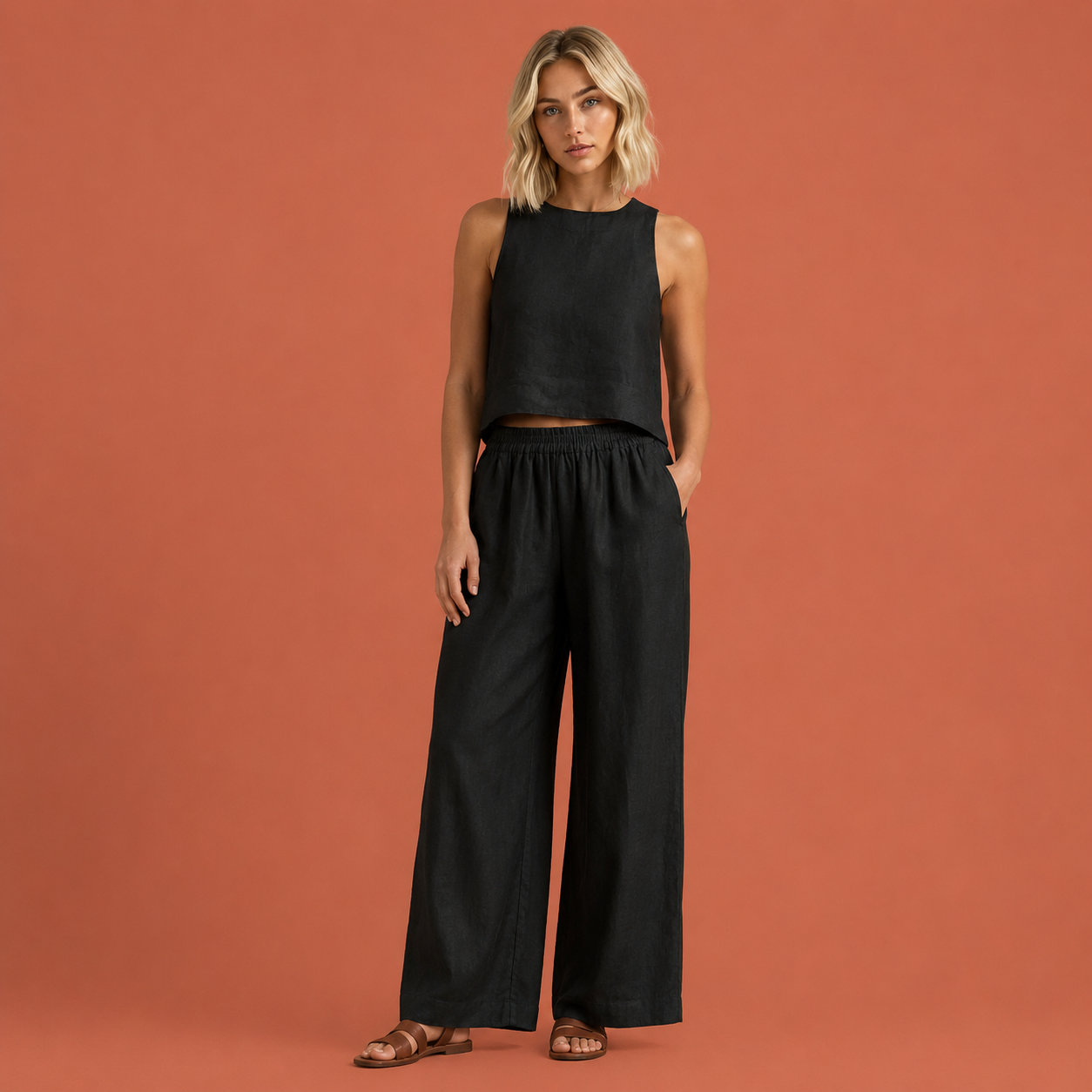 Dames tweedelige set in zwart met minimalistisch design, zacht en comfortabel voor casual en stijlvolle outfits.
