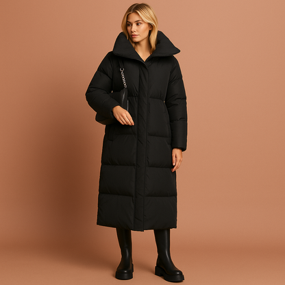 Dames winterjas in zwart met elegante pasvorm, warm en comfortabel voor herfst en winter.