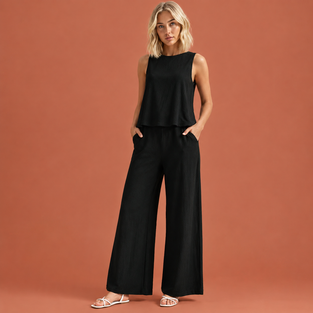 Dames zomer set in zwart met minimalistisch design, zacht en comfortabel voor casual en stijlvolle outfits.