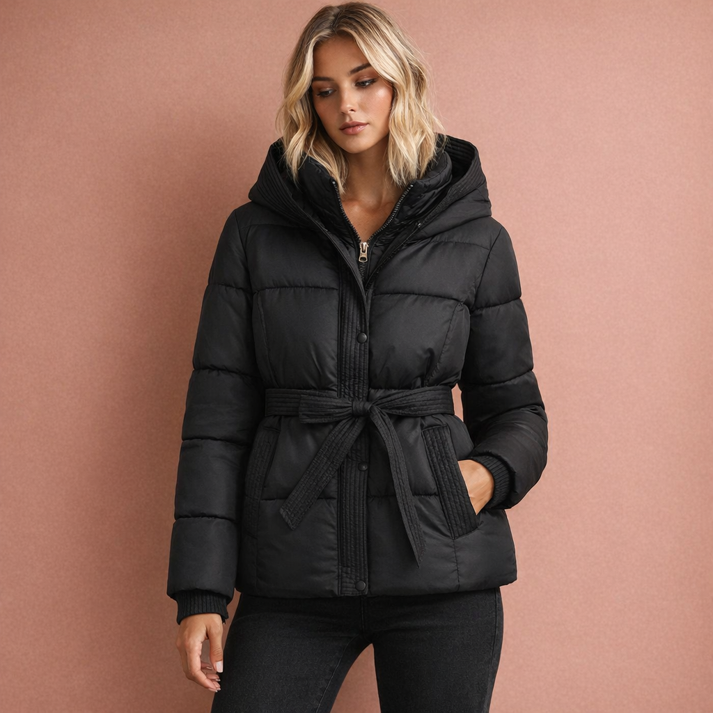 Zwarte elegante damesjas met capuchon en ceintuur, comfortabel en stijlvol voor dagelijks gebruik tijdens koude dagen.