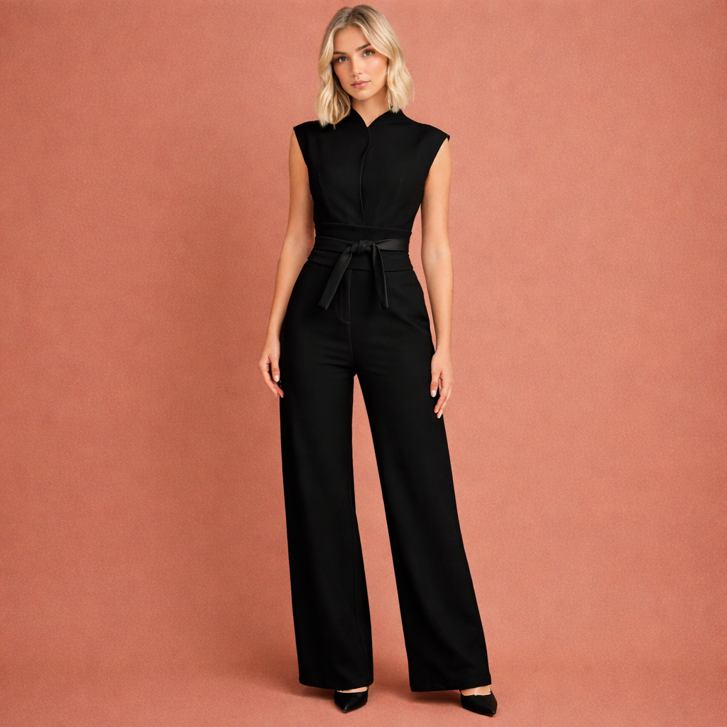 Zwarte elegante jumpsuit voor dames met V-hals en flatterende pasvorm, geschikt voor feestelijke gelegenheden.