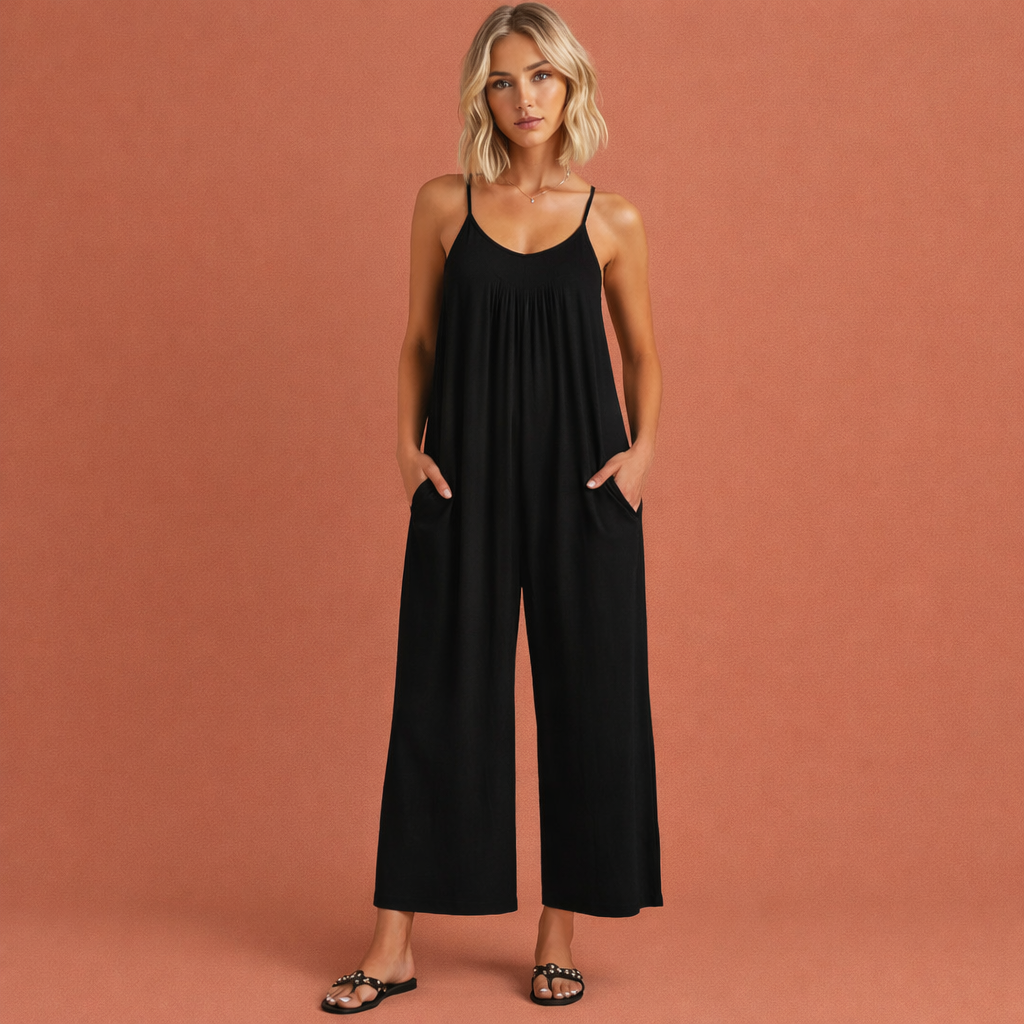 Zwarte elegante jumpsuit voor dames met een flatterende pasvorm, geschikt voor feestelijke en formele gelegenheden.