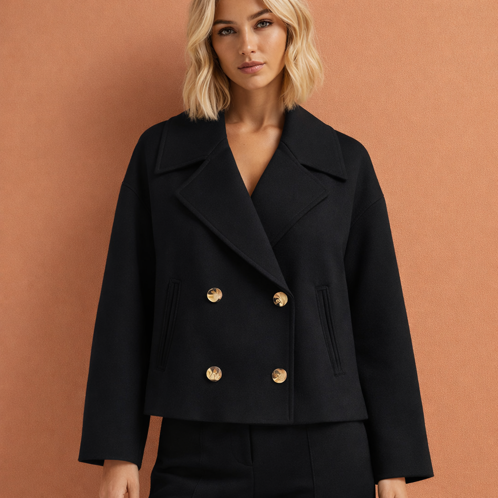 Zwarte elegante korte damesjas met reverskraag en comfortabele pasvorm, geschikt voor dagelijks en formeel gebruik.