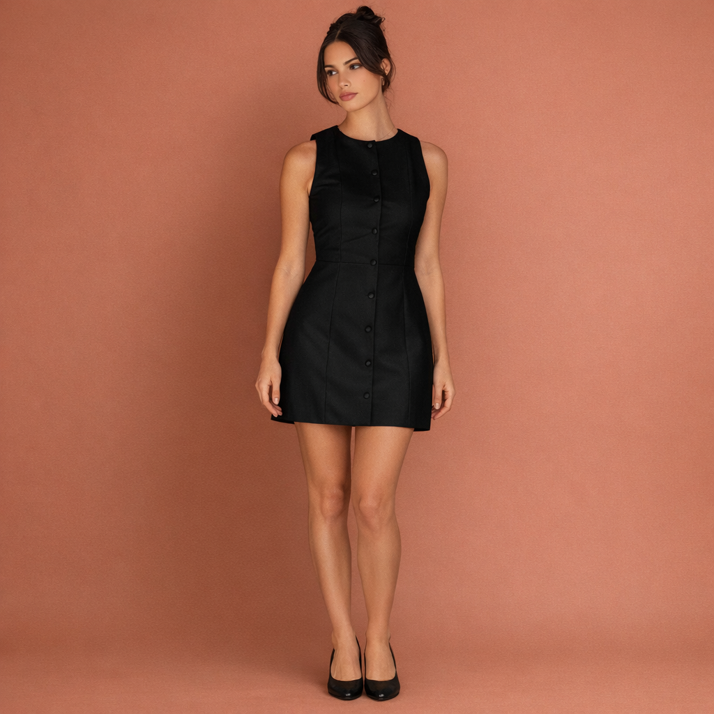 Zwarte elegante mouwloze minijurk voor dames, geschikt voor vrije tijd, vakantie en werk.