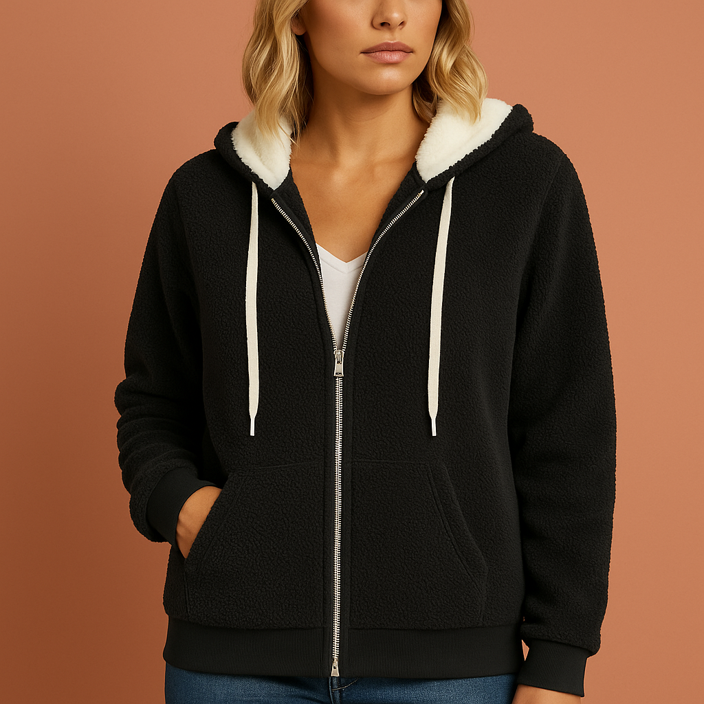 Extra warme teddy fleece zip hoodie voor dames in zwarte kleur, ideaal voor koude dagen en casual outfits.