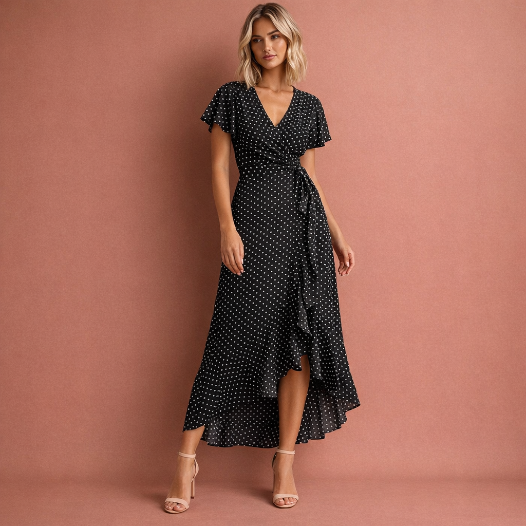 Zwarte gebloemde wikkeljurk voor dames met V-hals en ruffles, perfect voor zomerse dagen en elegante gelegenheden.