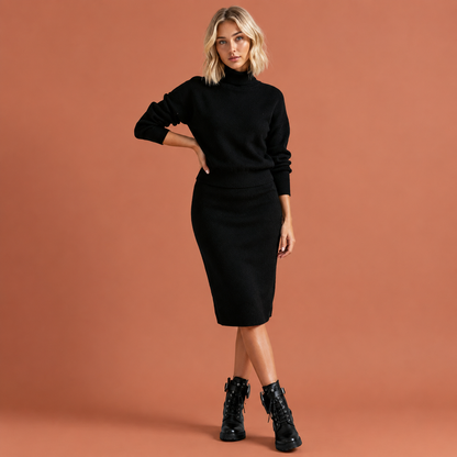 Dames gebreide set in zwart met minimalistisch design, zacht en comfortabel voor casual en stijlvolle outfits.