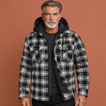 Zwarte geruite herenjas met capuchon en comfortabele pasvorm, geschikt voor dagelijks gebruik en casual outfits.
