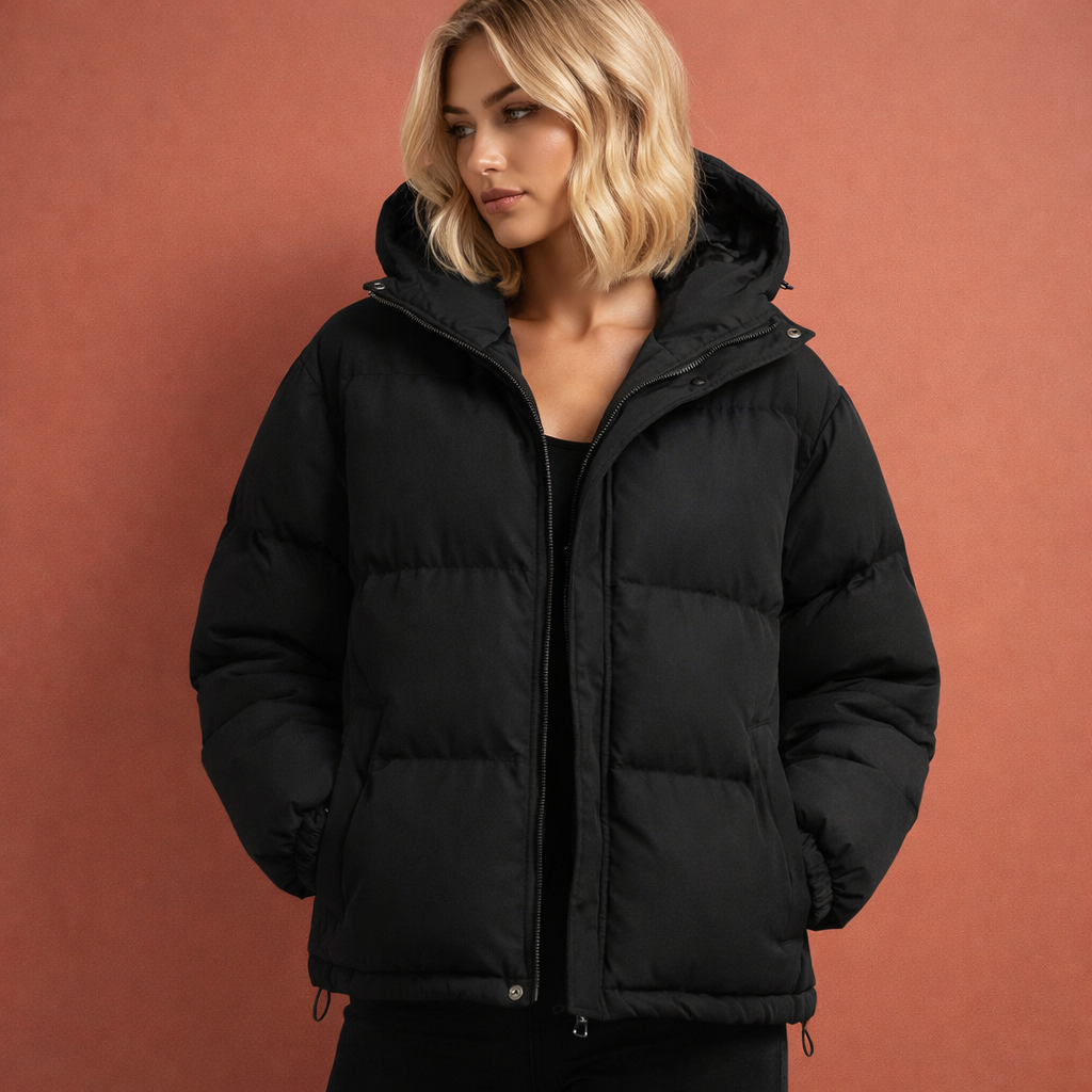 Zwarte gewatteerde damesjas met capuchon en ritssluiting, comfortabel voor dagelijks gebruik tijdens koude dagen.