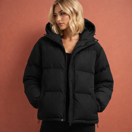 Zwarte gewatteerde damesjas met capuchon en ritssluiting, comfortabel voor dagelijks gebruik tijdens koude dagen.