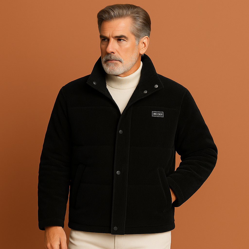 Zwarte heren winterjas met gewatteerde afwerking en comfortabele pasvorm, ideaal voor koude dagen en stijlvolle outfits.