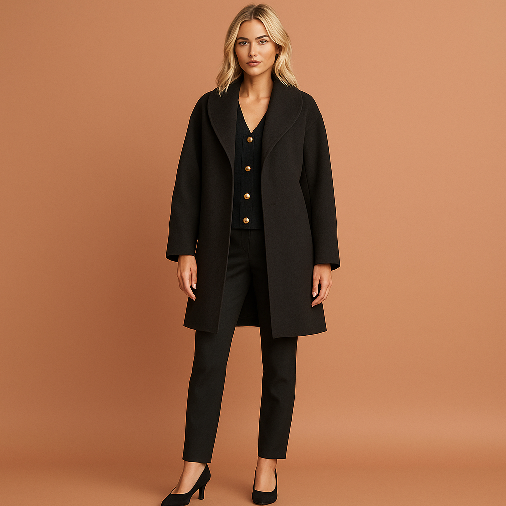 Zwarte halflange dames mantel met open kraag, geschikt voor dagelijks gebruik en nette outfits.