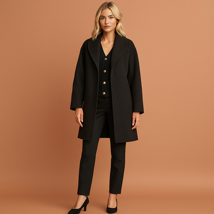 Zwarte halflange dames mantel met open kraag, geschikt voor dagelijks gebruik en nette outfits.
