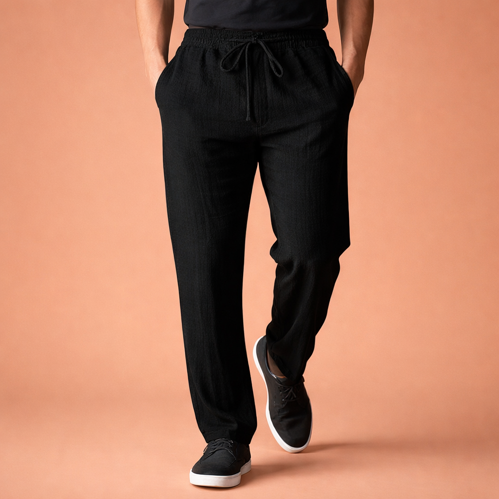 Heren broek in zwart met minimalistisch design, zacht en comfortabel voor casual en stijlvolle outfits.