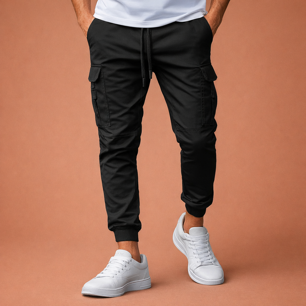 Heren cargo joggingbroek in zwart met minimalistisch design, zacht en comfortabel voor casual en stijlvolle outfits.