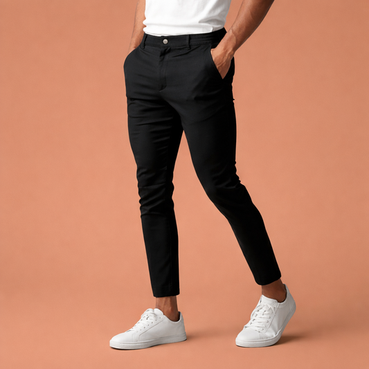 Heren chino broek in zwart met minimalistisch design, zacht en comfortabel voor casual en stijlvolle outfits.