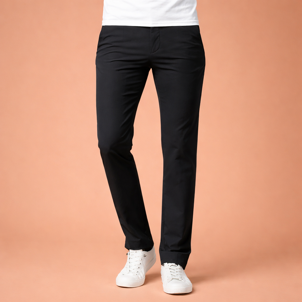 Heren pantalon in zwart met minimalistisch design, comfortabel en stijlvol voor casual en zakelijke outfits.