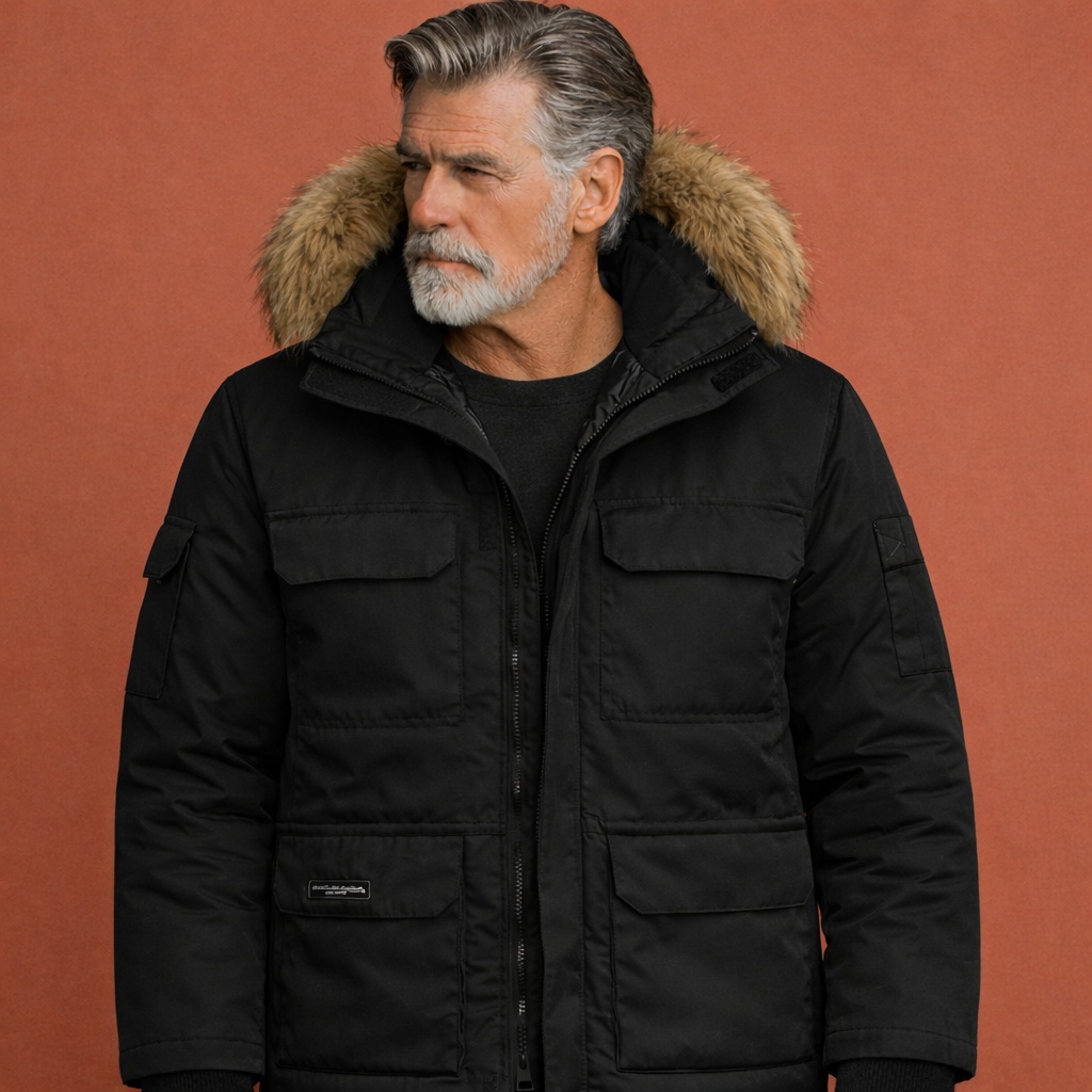 Zwarte heren parka met capuchon en ritssluiting, geschikt voor dagelijks gebruik tijdens koude dagen.