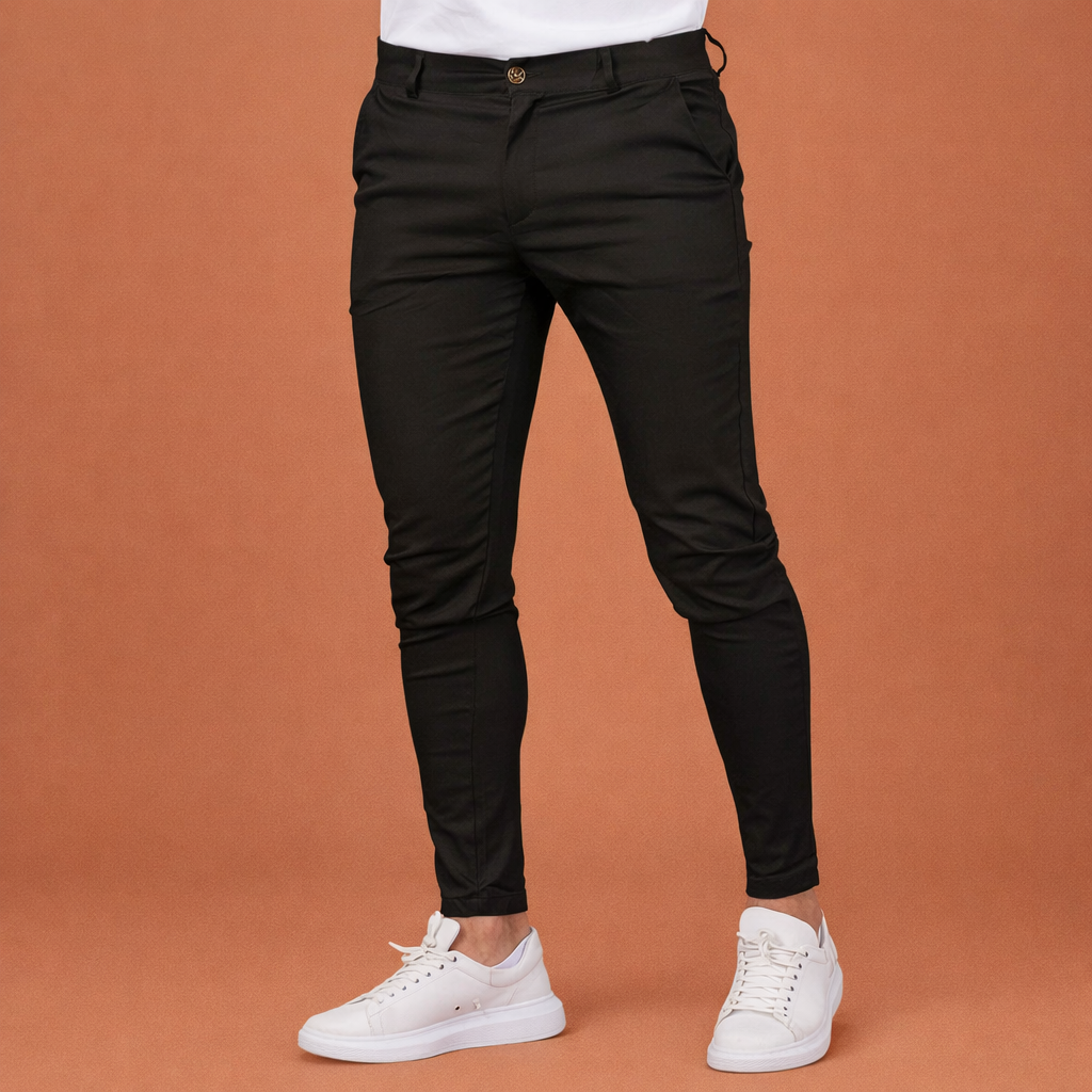 Heren slim-fit pantalon in zwart met modern design, comfortabel en stijlvol voor zakelijke en smart-casual outfits.