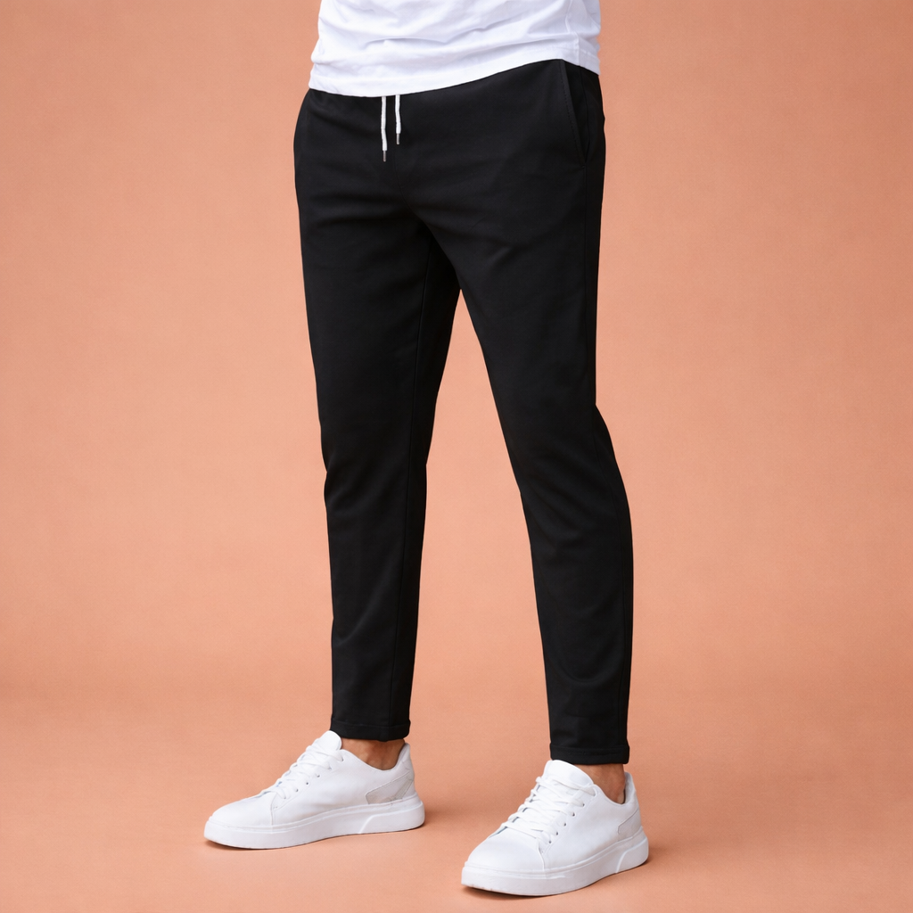 Heren broek in zwart met minimalistisch design, zacht en comfortabel voor casual en stijlvolle outfits.