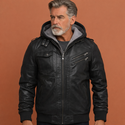 Zwarte herenjas met capuchon en meerdere zakken, geschikt voor dagelijks gebruik en comfortabele outdoor outfits.1