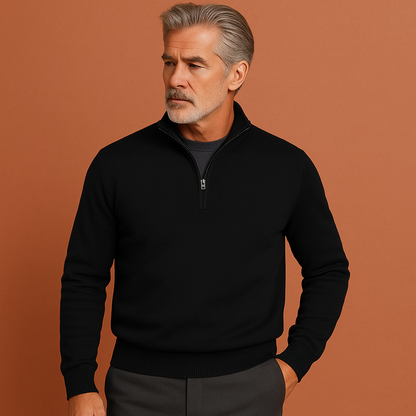 Herentrui in zwart met kwartritssluiting, zacht en comfortabel voor casual en stijlvolle outfits.