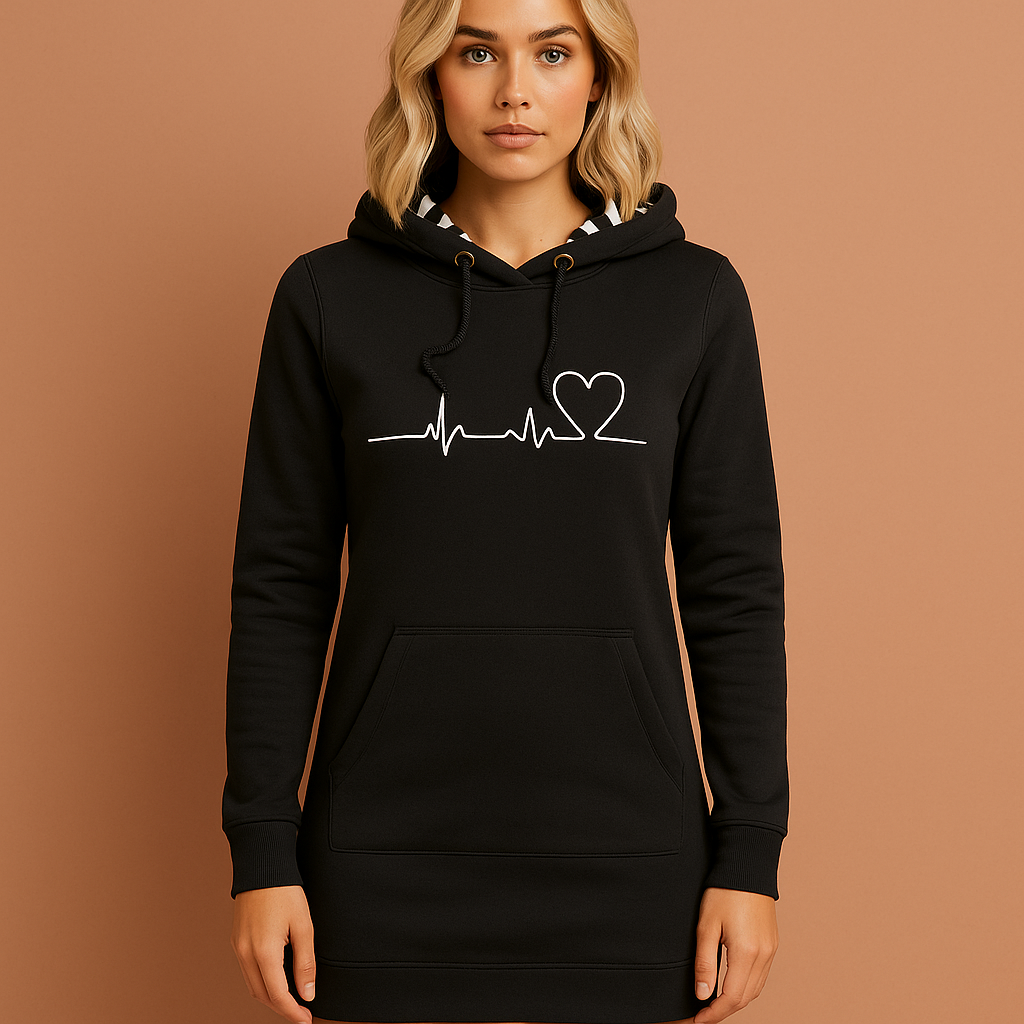 Zwarte hoodie-jurk voor dames met vrolijke hondenprint, comfortabel en warm voor casual winterdagen.