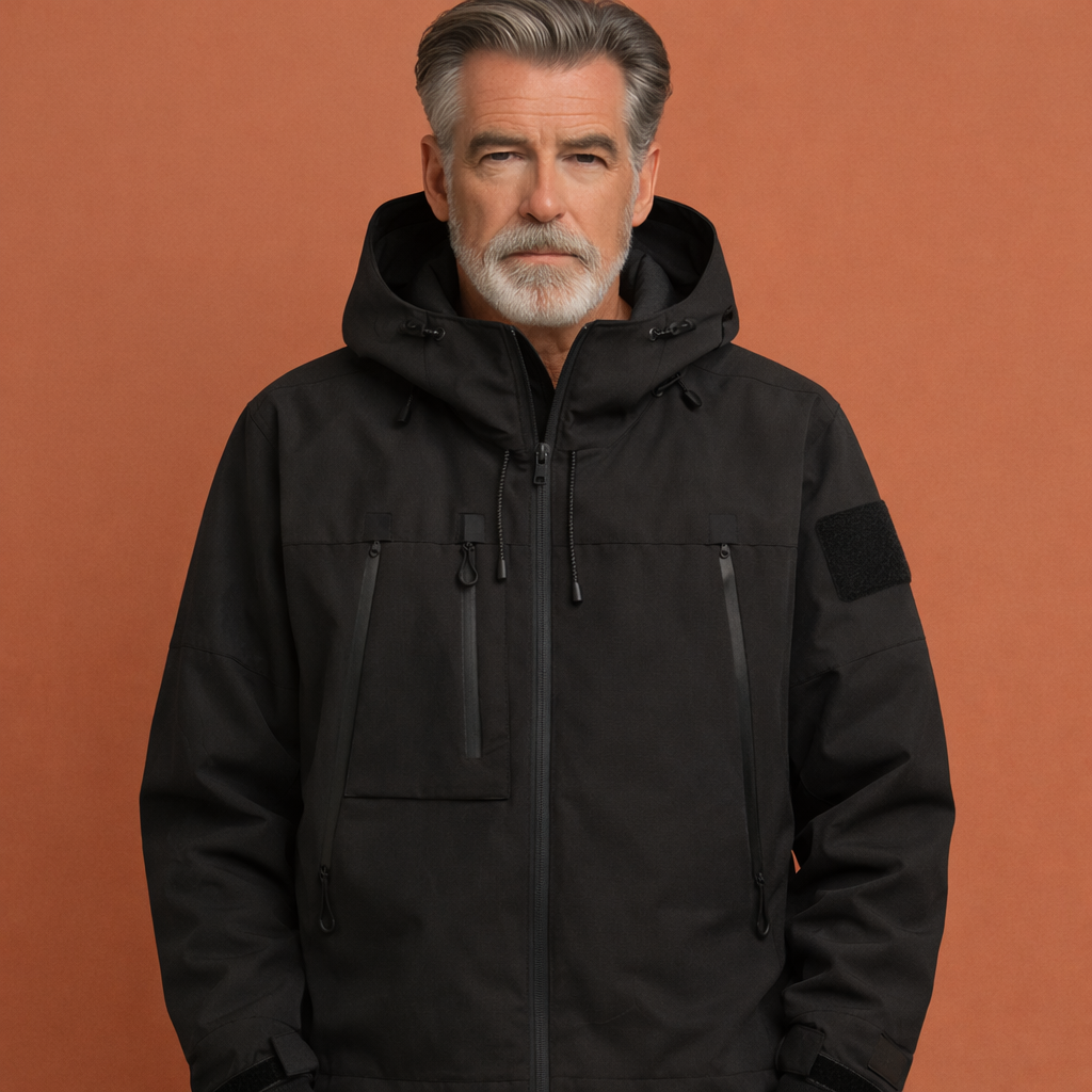 Zwarte herenjas met capuchon en meerdere zakken, geschikt voor dagelijks gebruik en frisse herfst- en winterdagen.