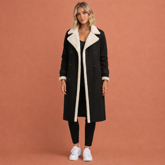 Zwarte lange klassieke winterjas voor dames met warme kraag en comfortabele pasvorm, ideaal voor koude dagen en dagelijks gebruik.