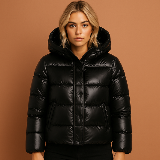 Zwarte lichtgewicht dames pufferjas met glanzende afwerking en moderne pasvorm, ideaal voor koude dagen en stijlvolle winterlooks.