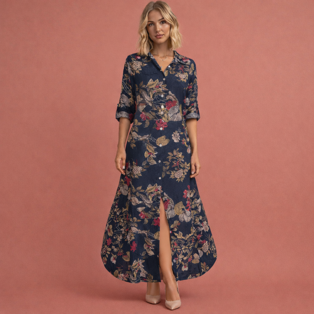 Zwarte maxi jurk met bloemenprint en knoopsluiting voor dames, elegante lange jurk voor zomerse dagen of vakantie.