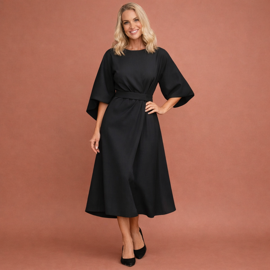 Zwarte midi-jurk met lantaarnmouwen en ceintuur voor dames, elegante jurk voor feest, diner of formele gelegenheid.