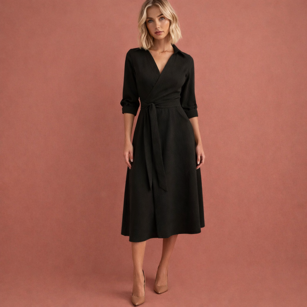 Zwarte midi-jurk voor dames met uitlopende pasvorm en reverskraag, ideaal voor werk en stijlvolle dagelijkse outfits.