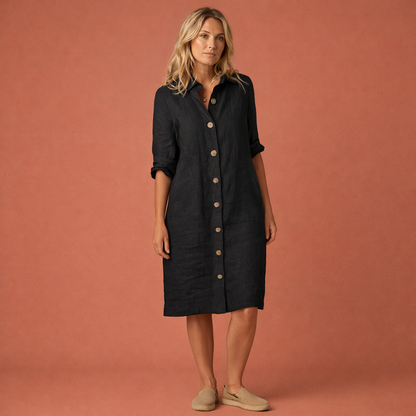 Dames midi overhemdjurk in zwart met minimalistisch design, luchtig en comfortabel voor casual en stijlvolle outfits.