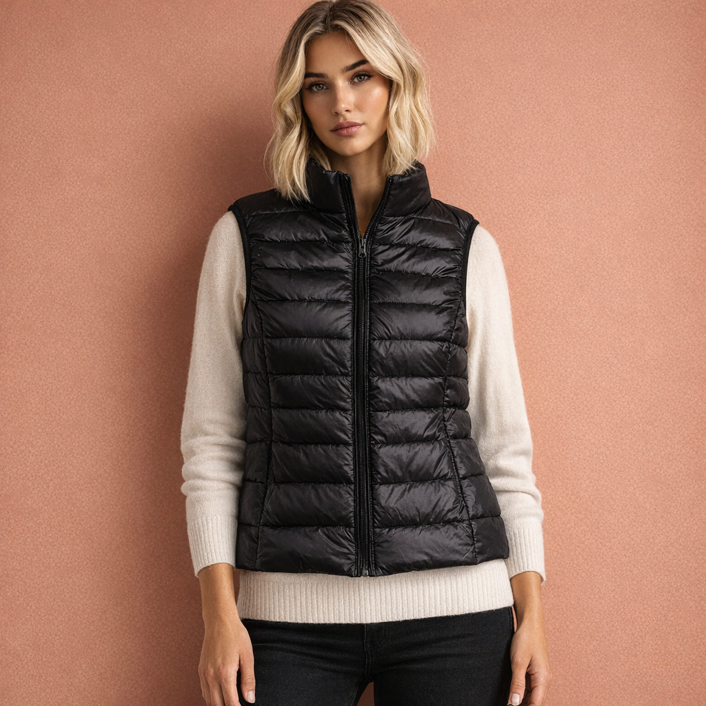 Zwarte dames mouwloze bodywarmer met ritssluiting en comfortabele pasvorm, ideaal voor dagelijks gebruik en koude dagen.