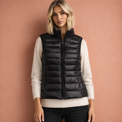 Zwarte dames mouwloze bodywarmer met ritssluiting en comfortabele pasvorm, ideaal voor dagelijks gebruik en koude dagen.