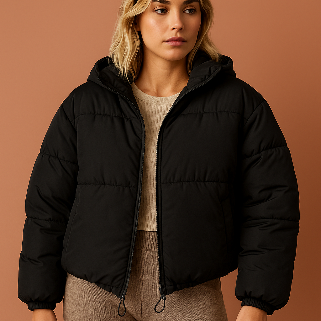 Zwarte dames jas met oversized pasvorm en gewatteerde afwerking, perfect voor koude dagen en stijlvolle outfits.