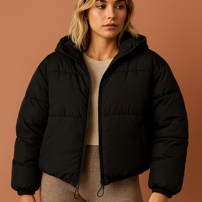 Zwarte dames jas met oversized pasvorm en gewatteerde afwerking, perfect voor koude dagen en stijlvolle outfits.