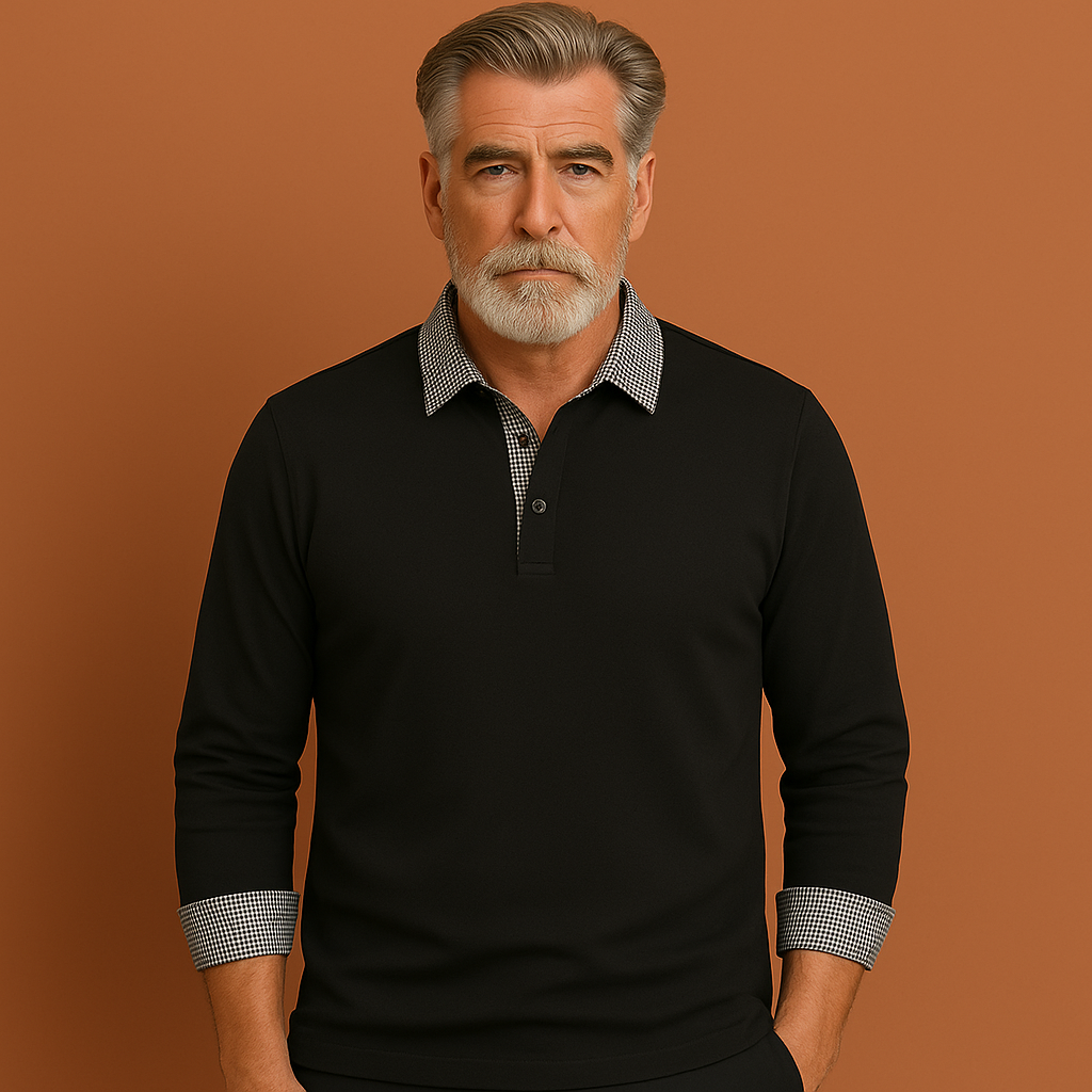 Zwarte polo met lange mouwen voor heren met contrasterende kraag en manchetten, geschikt voor casual en nette outfits.