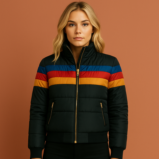 Zwarte retro dames winterjas met gewatteerde structuur en hoge kraag, warm en comfortabel voor koude dagen en stijlvolle outfits.