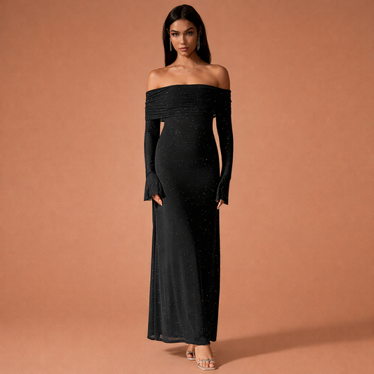 Zwarte schouderloze avondjurk voor dames met glitteraccenten, ideaal voor feestelijke avonden en speciale gelegenheden.