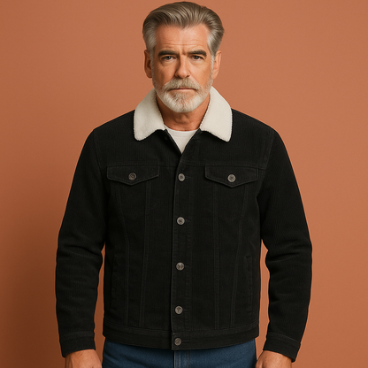 Zwarte warme sherpa gevoerde heren winterjas met borstzakken, perfect voor koude dagen en outdoor activiteiten.