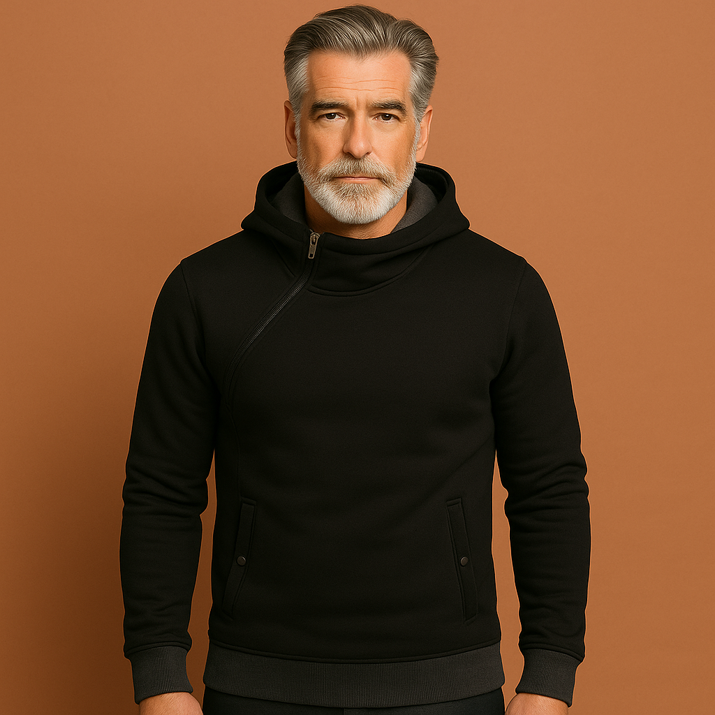 Slim-fit hoodie voor heren in zwarte kleur met contrasterende details, ideaal voor casual en sportieve outfits.