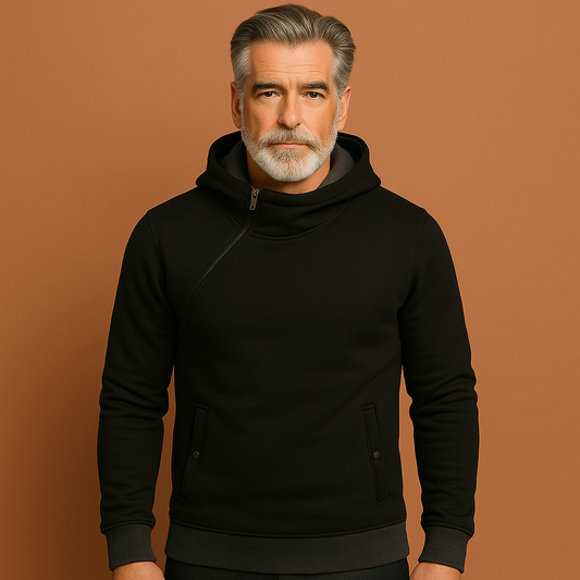 Slim-fit hoodie voor heren in zwarte kleur met contrasterende details, ideaal voor casual en sportieve outfits.