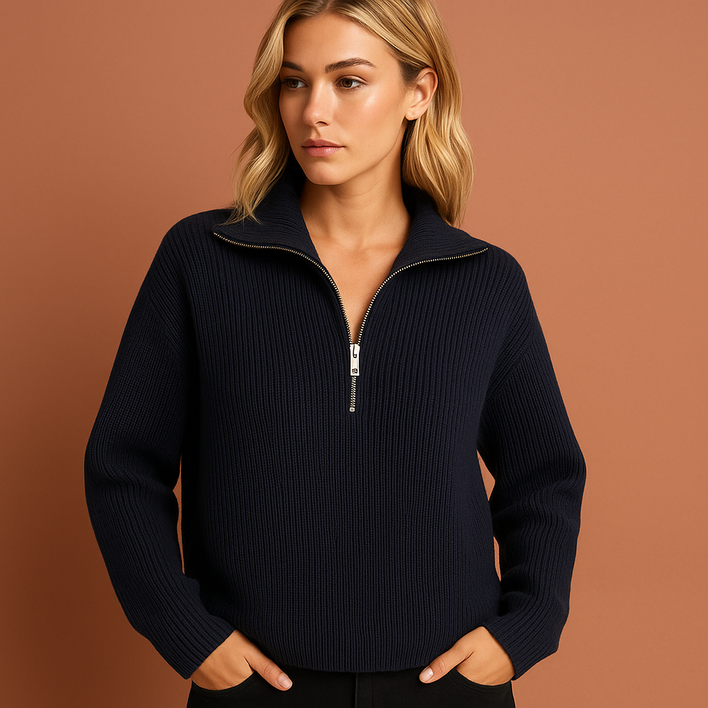 Zwarte stijlvolle dames sweater met moderne pasvorm, ideaal voor casual en elegante outfits in de herfst en winter.