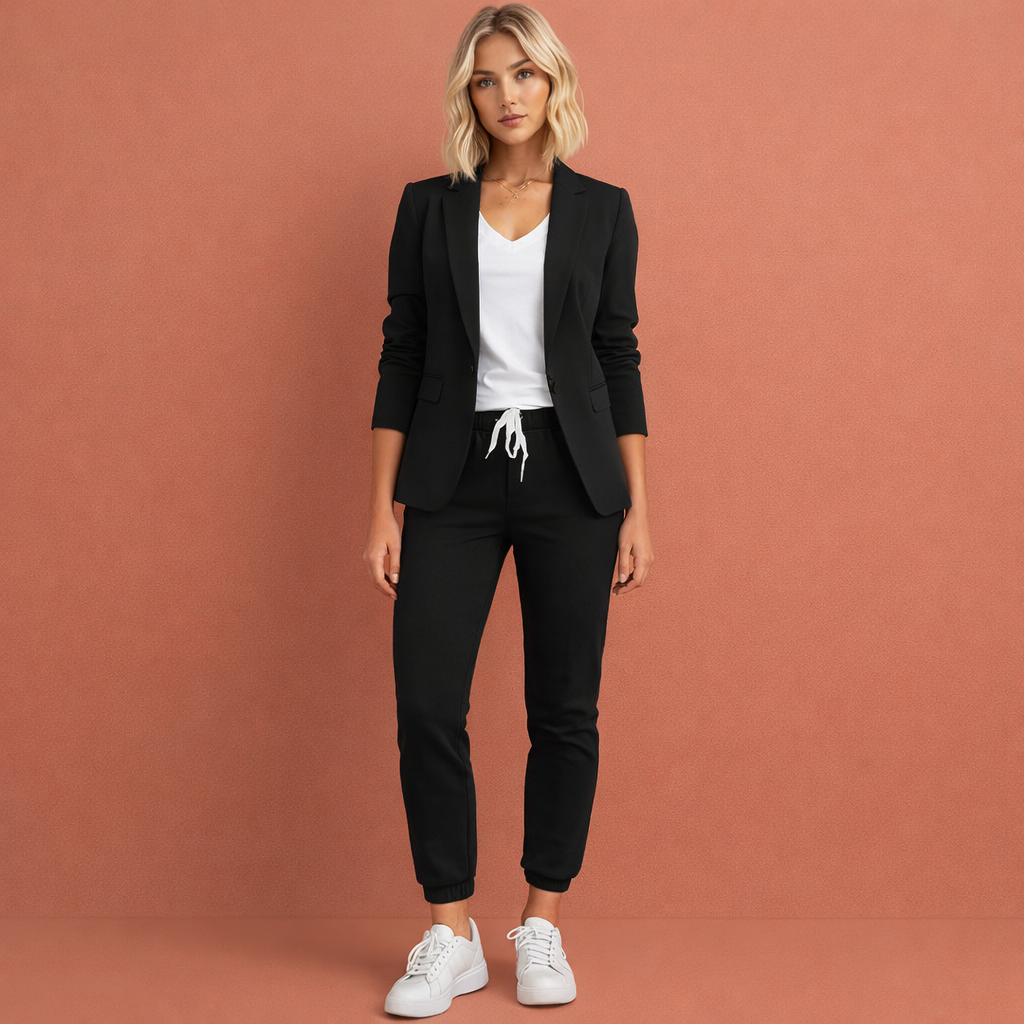 Zwarte tweedelige blazer set voor dames met een elegante pasvorm, ideaal voor werk en formele gelegenheden.