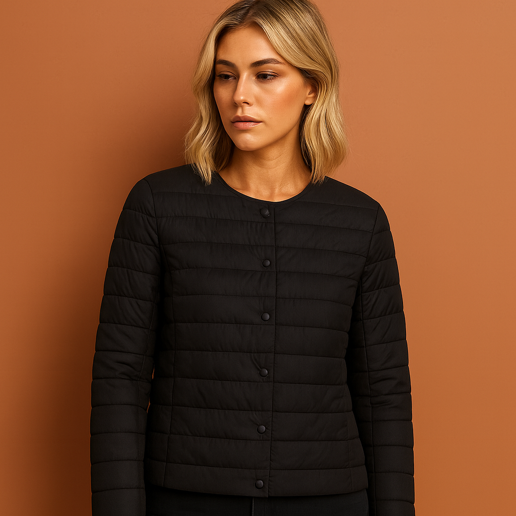 Ultradunne lichtgewicht donsjas voor dames in zwarte kleur, ideaal voor frisse dagen en dagelijks gebruik.