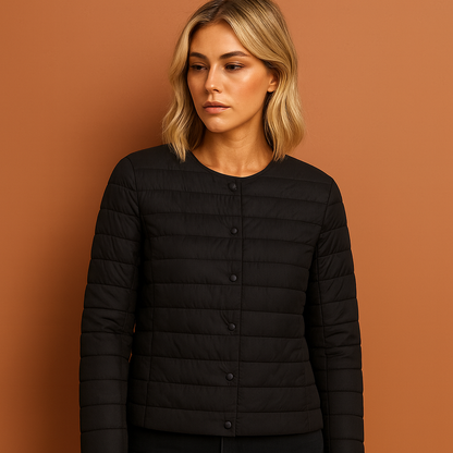 Ultradunne lichtgewicht donsjas voor dames in zwarte kleur, ideaal voor frisse dagen en dagelijks gebruik.