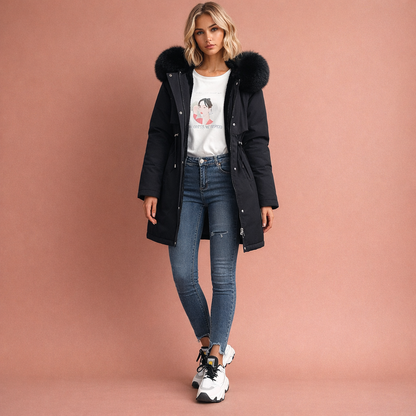 Zwarte warme dames mantel met capuchon en comfortabele pasvorm, ideaal voor dagelijks gebruik tijdens koude dagen.